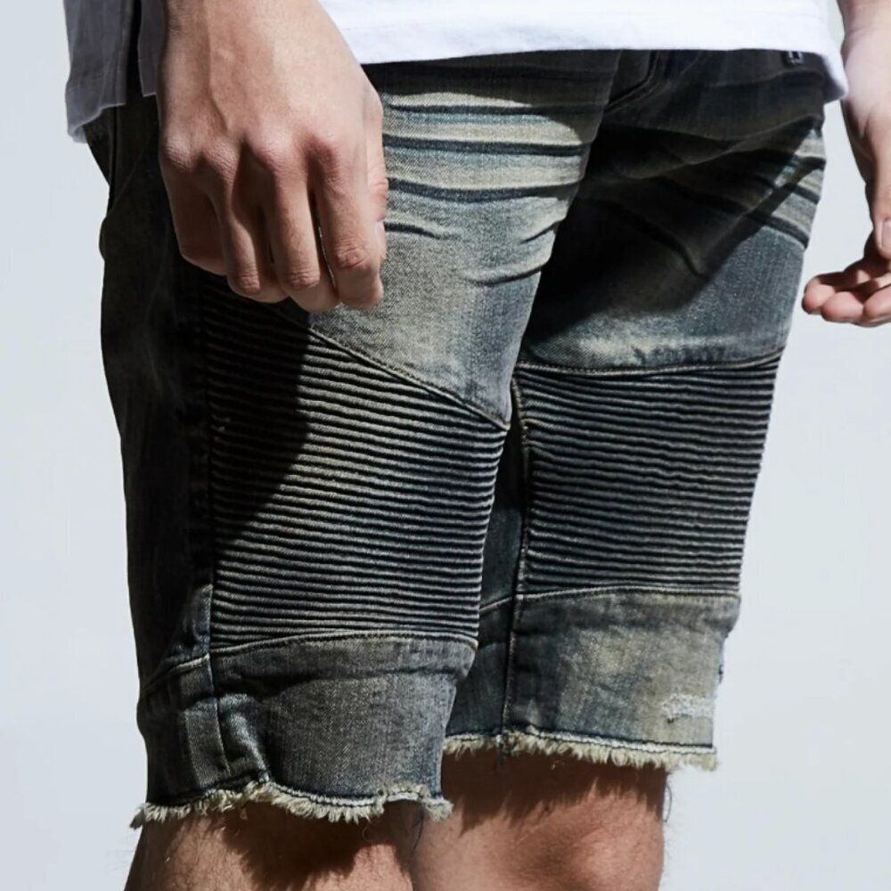 Embellish NYC Hawk Biker Denim Shorts Mens Size 40 Moto Ribbed Raw Hem Blue